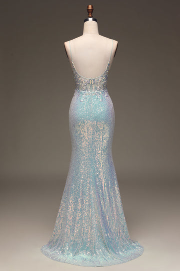 Vestido de fiesta azul gris sirena brillante con abertura